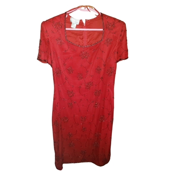 Allyson Whitmore Red Silk Beaded Party Dress size M - Picture 1 of 7